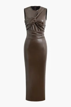 Faux Leather Wrap Sleeveless Ruched Slit Midi Dress
