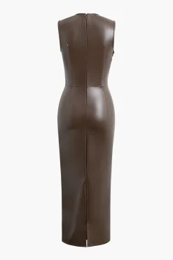 Faux Leather Wrap Sleeveless Ruched Slit Midi Dress