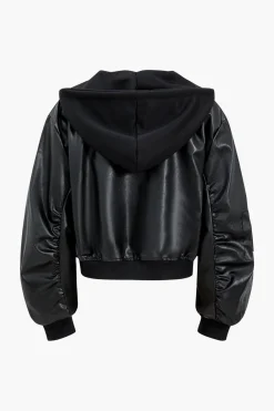 Faux Leather Zipper Hooded Pocket Long-Sleeve Jacket