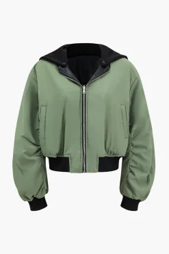 Faux Leather Zipper Hooded Pocket Long-Sleeve Jacket