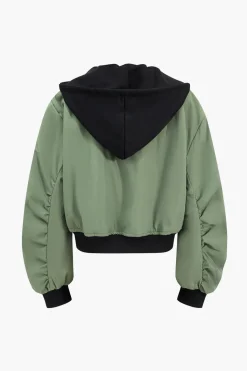 Faux Leather Zipper Hooded Pocket Long-Sleeve Jacket