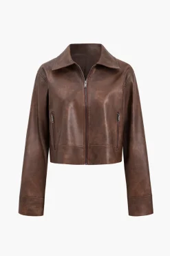 Faux Leather Zipper Long Sleeve Jacket