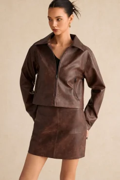 Faux Leather Zipper Long Sleeve Jacket