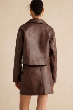 Faux Leather Zipper Long Sleeve Jacket
