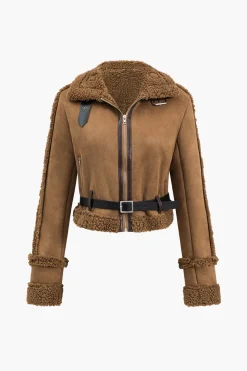 Faux Suede Belted Zipper Long-Sleeve Jacket