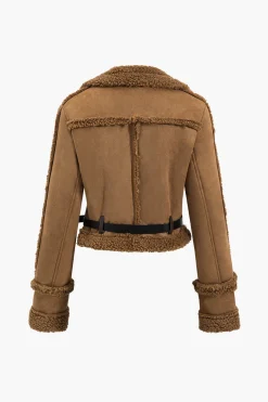 Faux Suede Belted Zipper Long-Sleeve Jacket