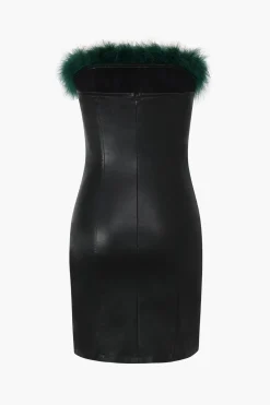 Feather Neckline Leather Mini Dress
