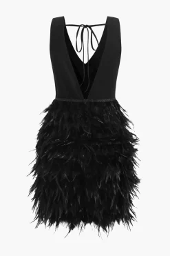 Feather V-Neck Tie-Up Sleeveless Mini Dress