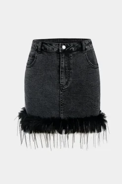 Feathered Denim Skirt