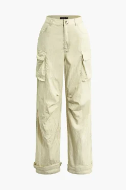 Flap Pocket Belted Ruched Straight Leg Pants