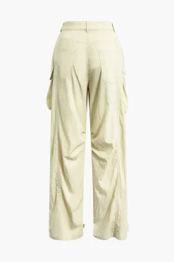 Flap Pocket Belted Ruched Straight Leg Pants