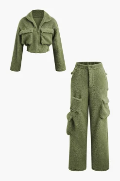 Fleece Collar Flap Pocket Zip Up Long Sleeve Top And Straight Leg Cargo Pants Set