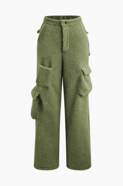 Fleece Collar Flap Pocket Zip Up Long Sleeve Top And Straight Leg Cargo Pants Set