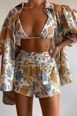 Floral Bra Top And Pocket Shorts And Shirt 3PC Set
