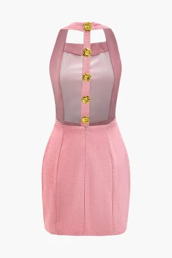 Floral Button Halter Neck Backless Mini Dress