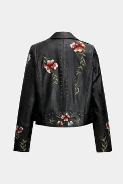 Floral Embroidery Faux Leather Zipper Long Sleeve Jacket