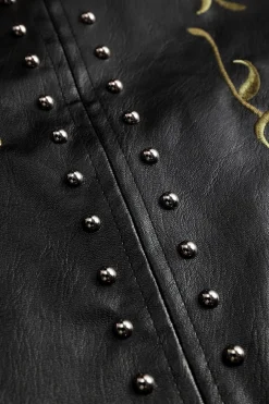 Floral Embroidery Faux Leather Zipper Long Sleeve Jacket