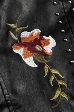 Floral Embroidery Faux Leather Zipper Long Sleeve Jacket