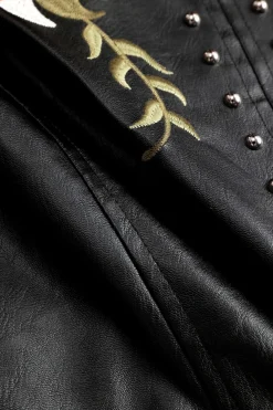 Floral Embroidery Faux Leather Zipper Long Sleeve Jacket