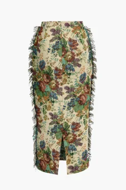 Floral Fringe Zipper Skirt