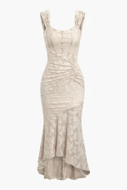 Floral Pattern Asymmetrical Hem Ruched Mermaid Sleeveless Midi Dress