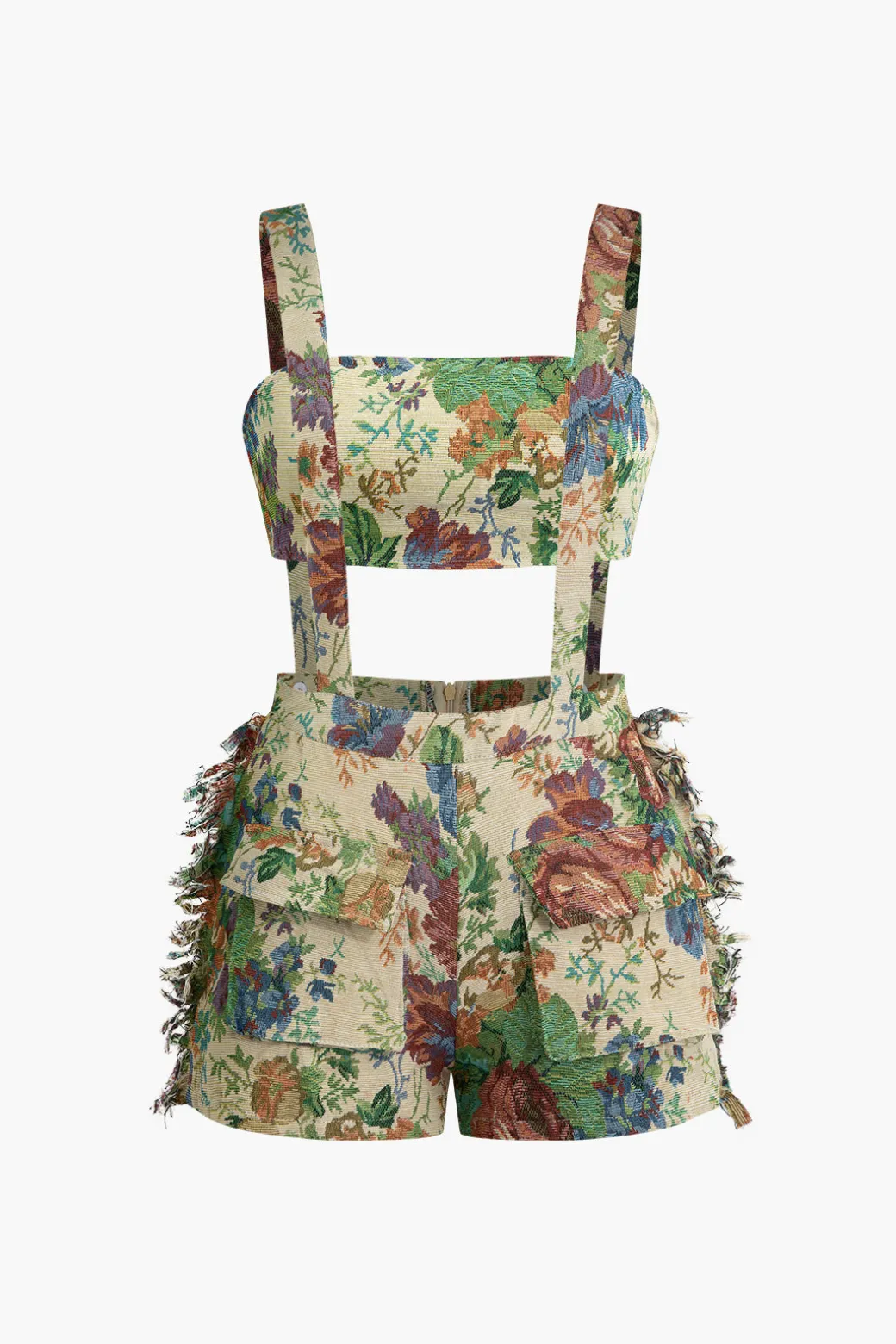 Floral Pattern Fringe Tube Top And Pocket Shorts Set