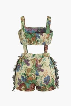 Floral Pattern Fringe Tube Top And Pocket Shorts Set