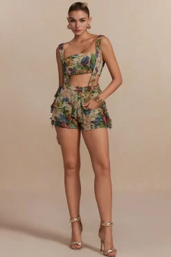 Floral Pattern Fringe Tube Top And Pocket Shorts Set