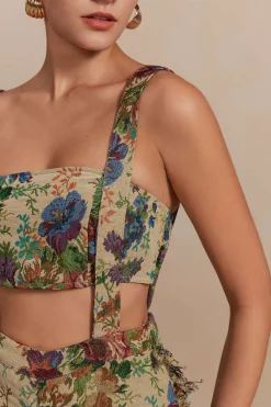 Floral Pattern Fringe Tube Top And Pocket Shorts Set