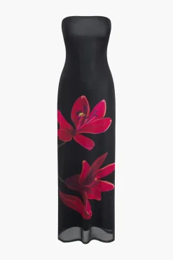 Floral Print Backless Tie Mesh Strapless Maxi Dress