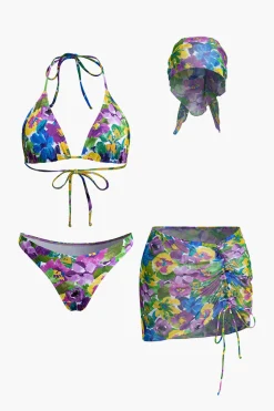Floral Print Bikini Set With Matching Skirt Cover Up And Headscarf