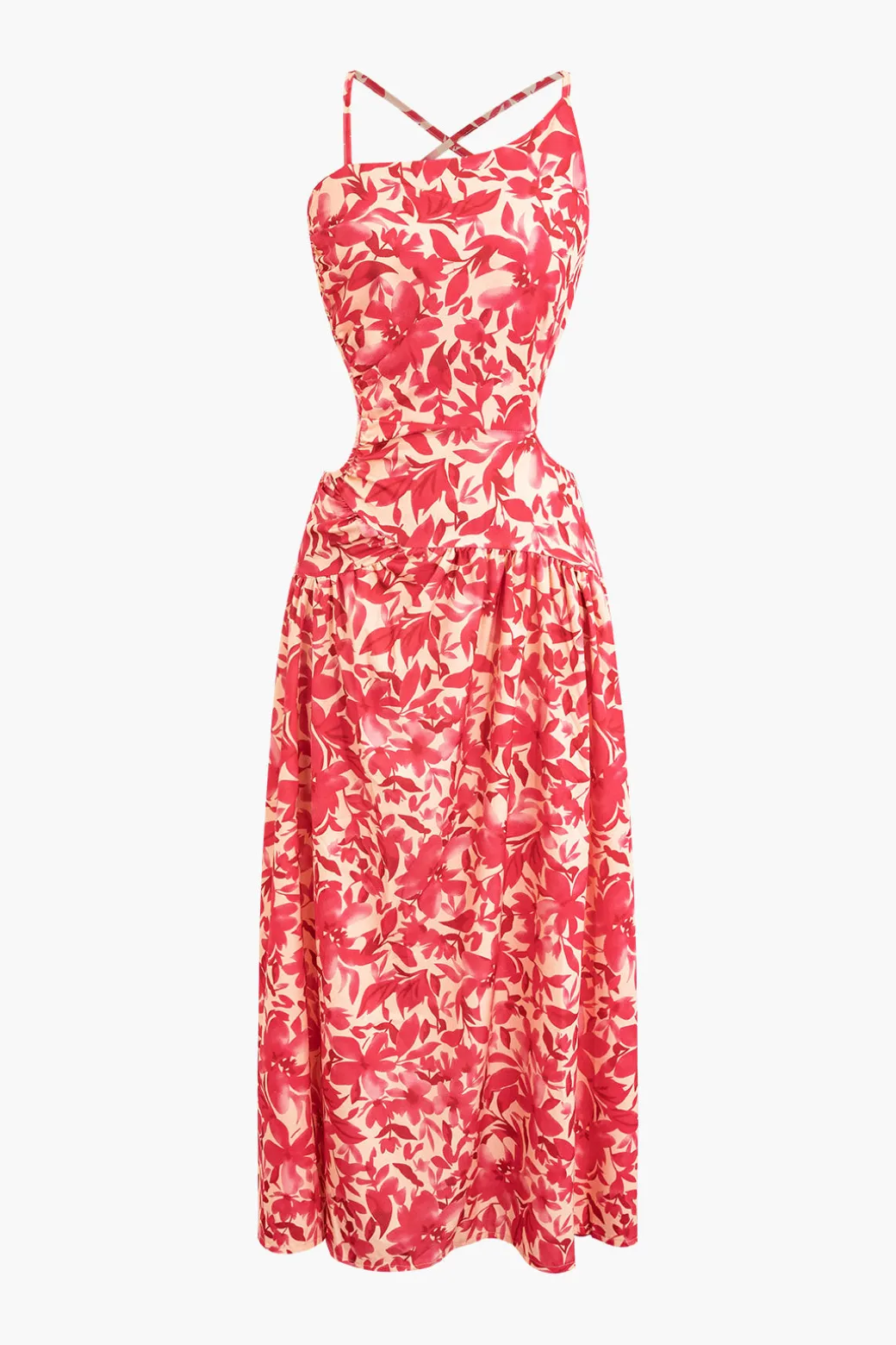 Floral Print Criss Cross Backless Slit Midi Dress