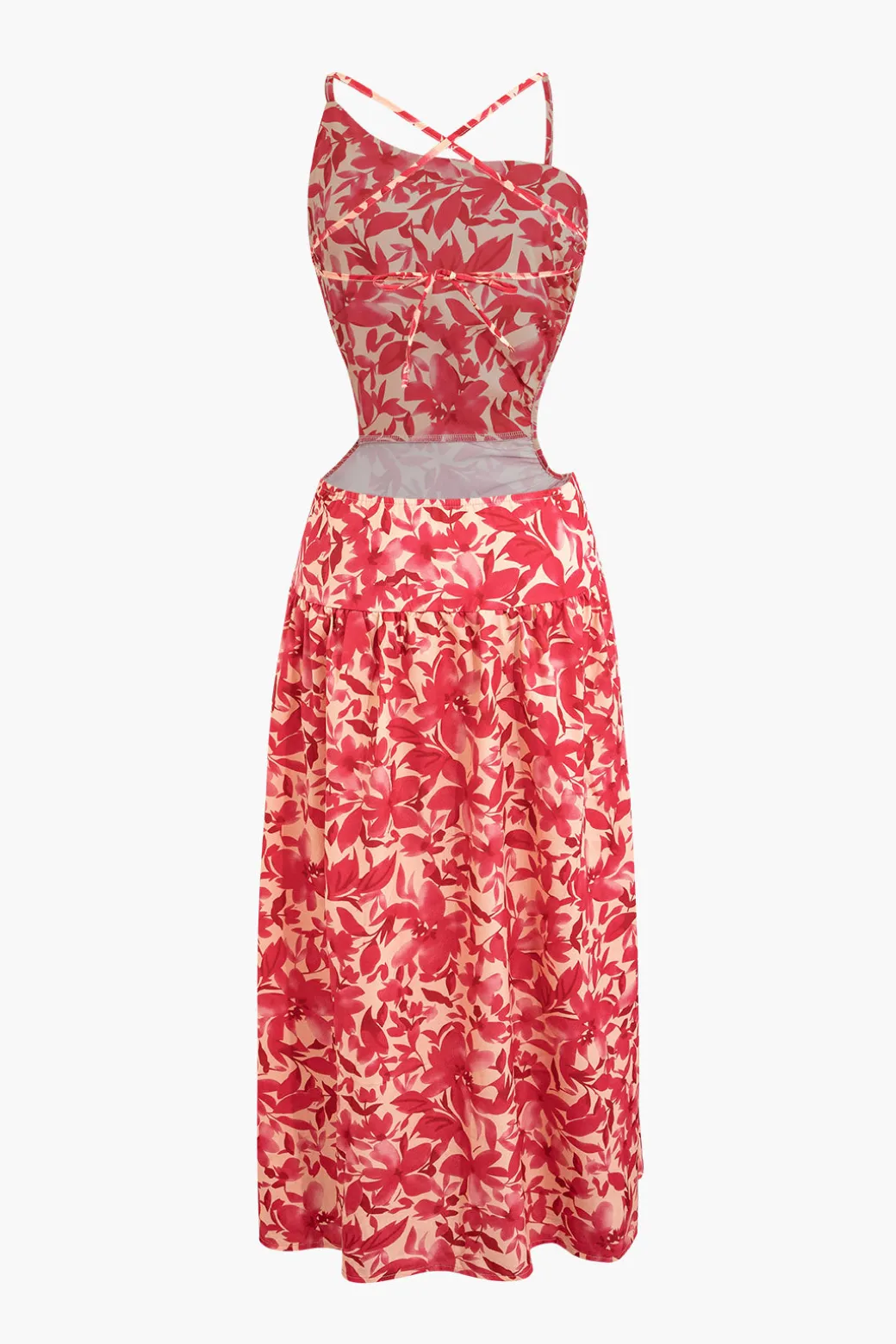 Floral Print Criss Cross Backless Slit Midi Dress