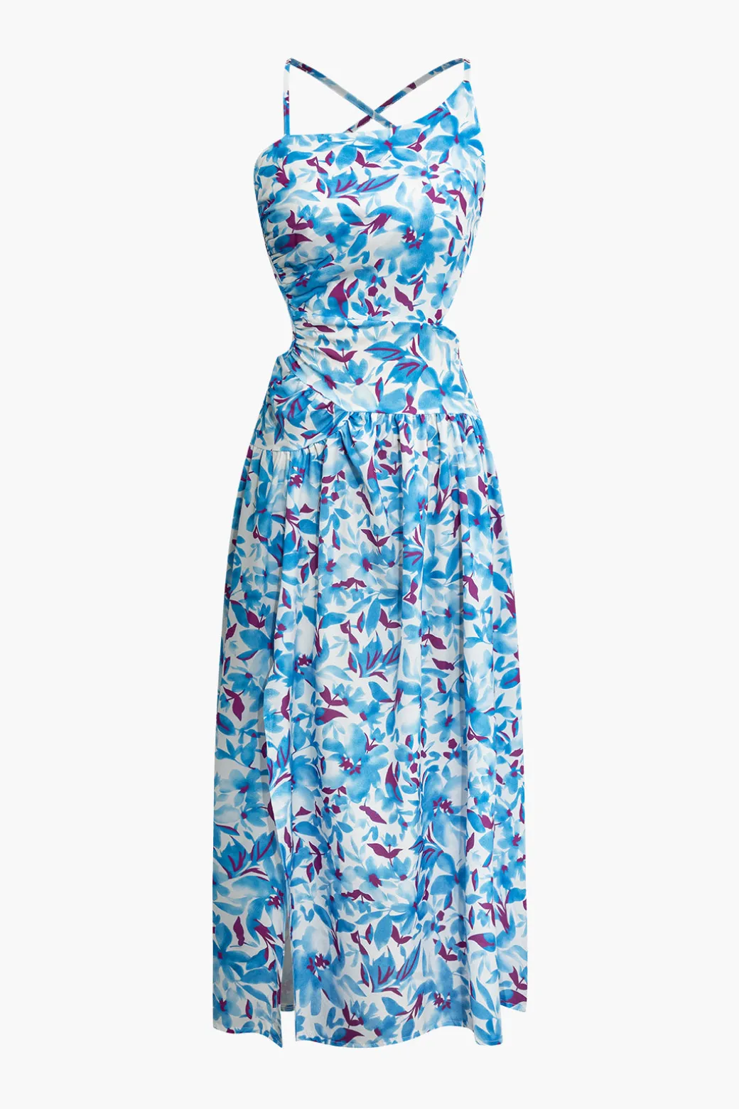 Floral Print Criss Cross Backless Slit Midi Dress
