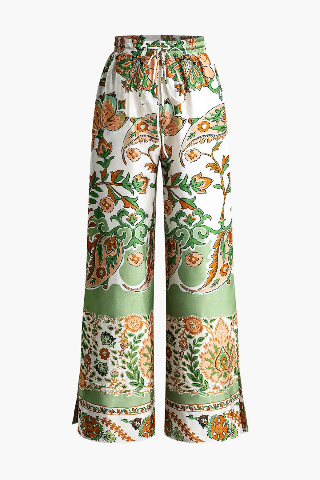 Floral Print Drawstring Slit Wide Leg Pants
