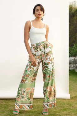 Floral Print Drawstring Slit Wide Leg Pants
