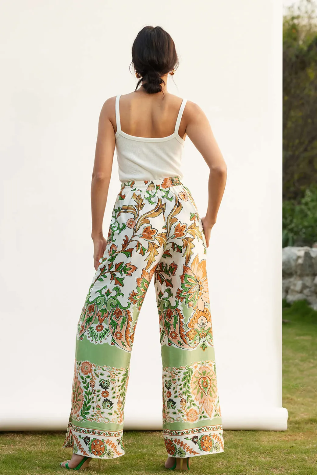 Floral Print Drawstring Slit Wide Leg Pants