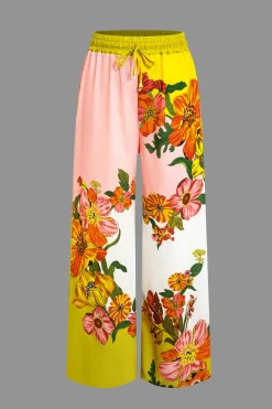 Floral Print Drawstring Wide Leg Pants