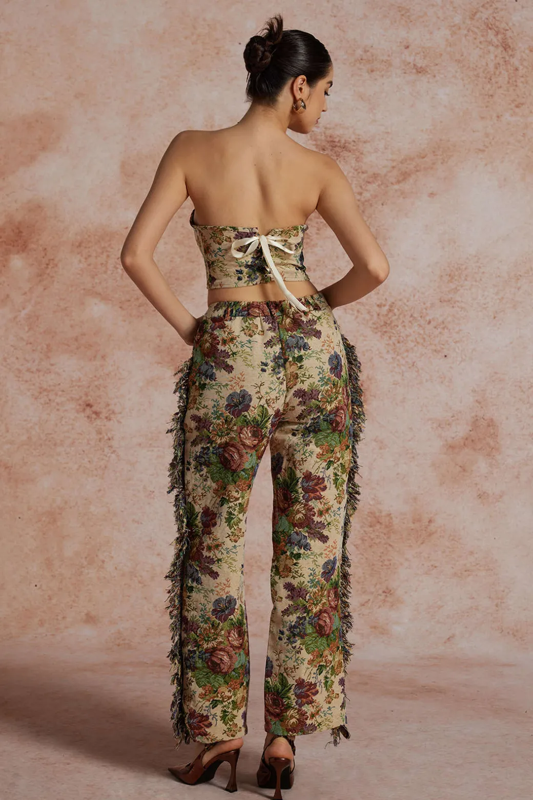 Floral Print Fringe Tie Back Tube Top And Button Pocket Trouser Set