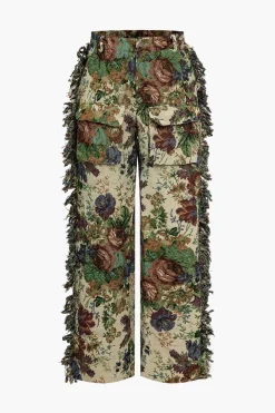 Floral Print Fringe Tie Back Tube Top And Button Pocket Trouser Set