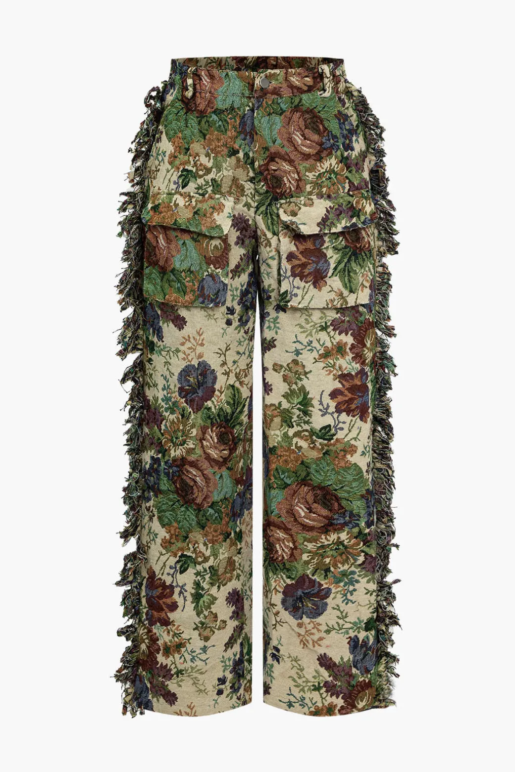 Floral Print Fringe Tie Back Tube Top And Button Pocket Trouser Set