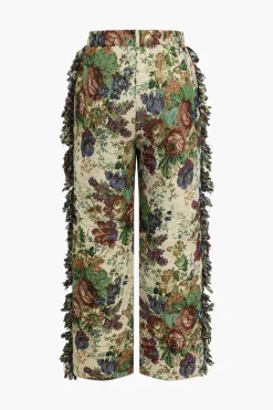 Floral Print Fringe Tie Back Tube Top And Button Pocket Trouser Set