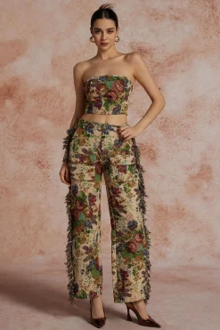 Floral Print Fringe Tie Back Tube Top And Button Pocket Trouser Set