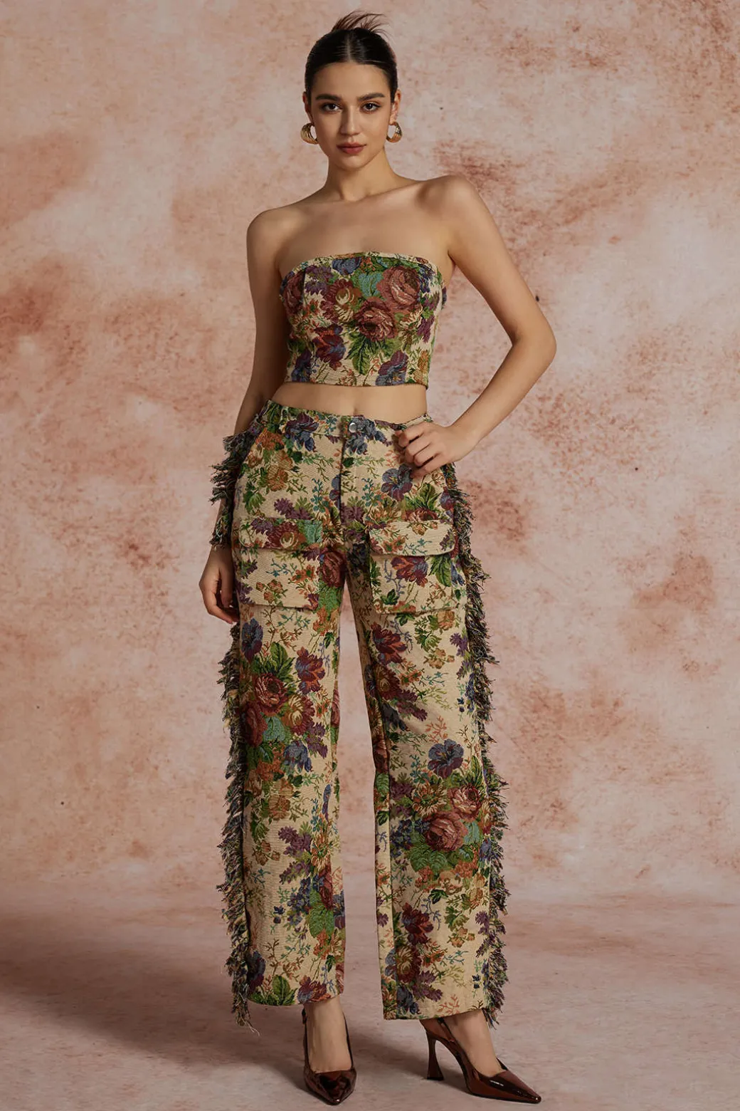Floral Print Fringe Tie Back Tube Top And Button Pocket Trouser Set