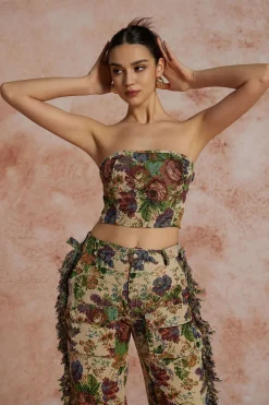 Floral Print Fringe Tie Back Tube Top And Button Pocket Trouser Set
