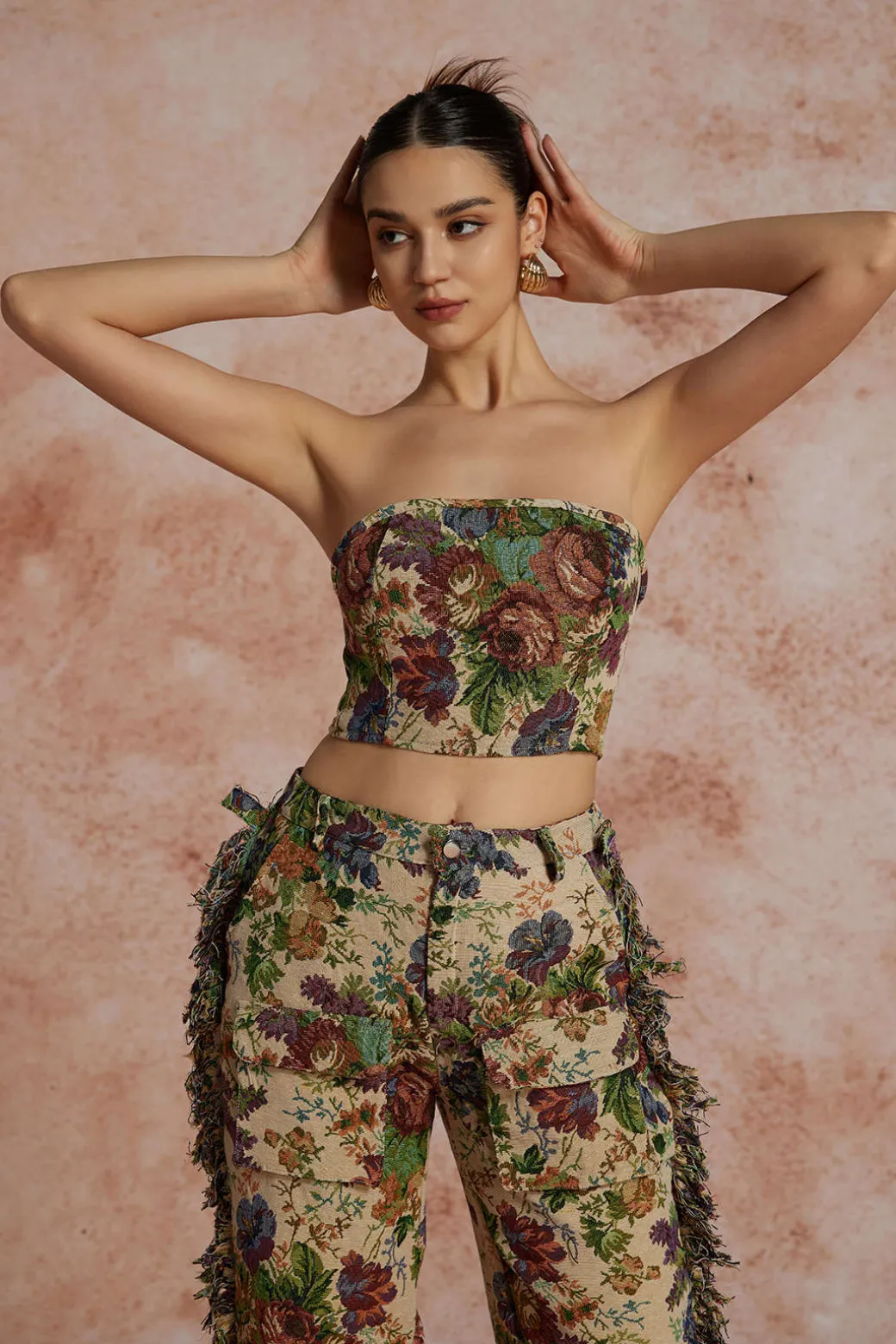 Floral Print Fringe Tie Back Tube Top And Button Pocket Trouser Set