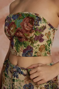 Floral Print Fringe Tie Back Tube Top And Button Pocket Trouser Set