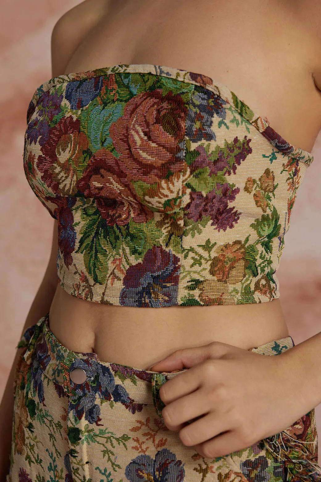 Floral Print Fringe Tie Back Tube Top And Button Pocket Trouser Set