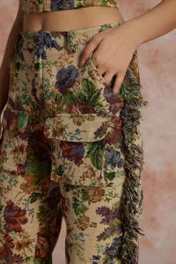 Floral Print Fringe Tie Back Tube Top And Button Pocket Trouser Set