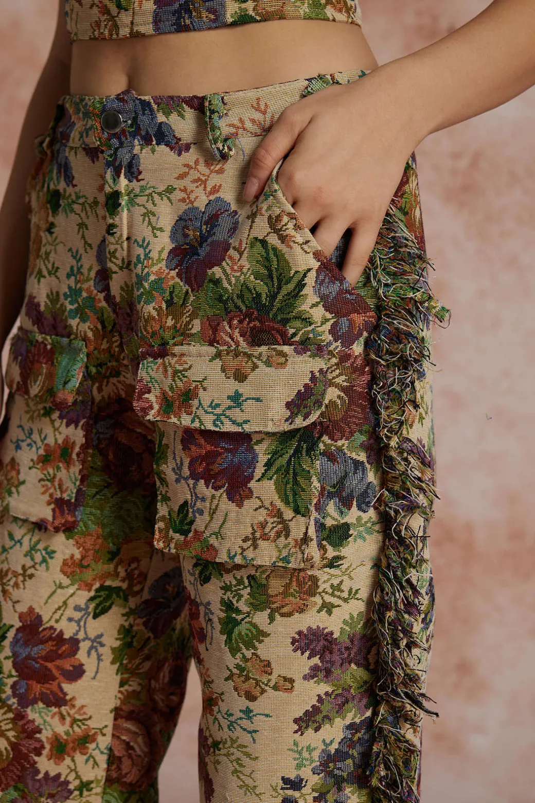Floral Print Fringe Tie Back Tube Top And Button Pocket Trouser Set